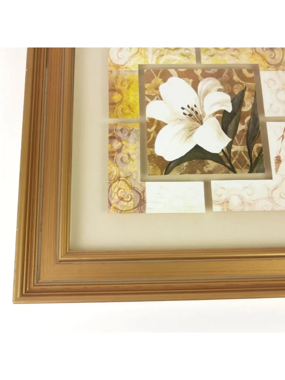 Vintage White Lily Floral Wall Art Collage Print Gold Color Frame 16” Square
